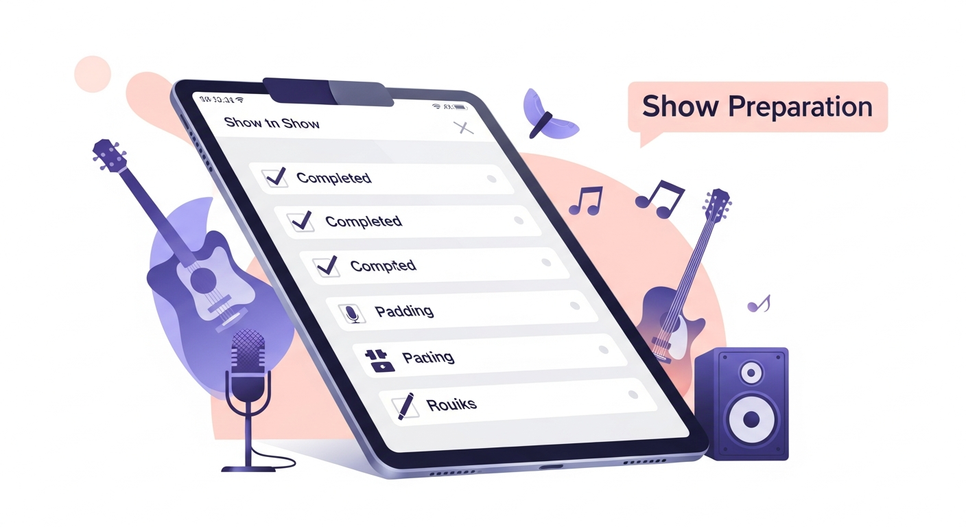 Music show checklist for independent artists, detailing essential tasks for advancing gigs and venue communication.