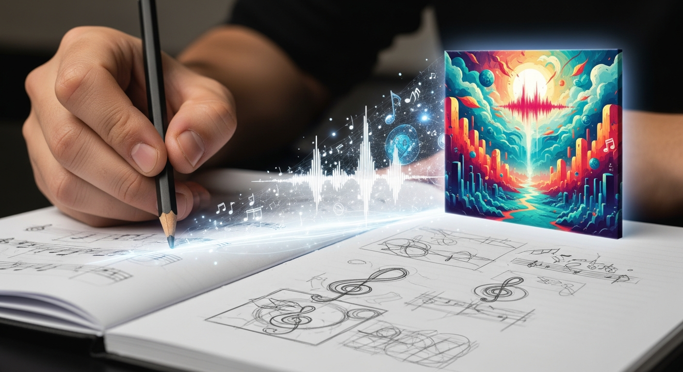 A musician's creative process transforming into an AI-generated album cover, illustrating AI art prompts for music and Midjourney album cover potential.