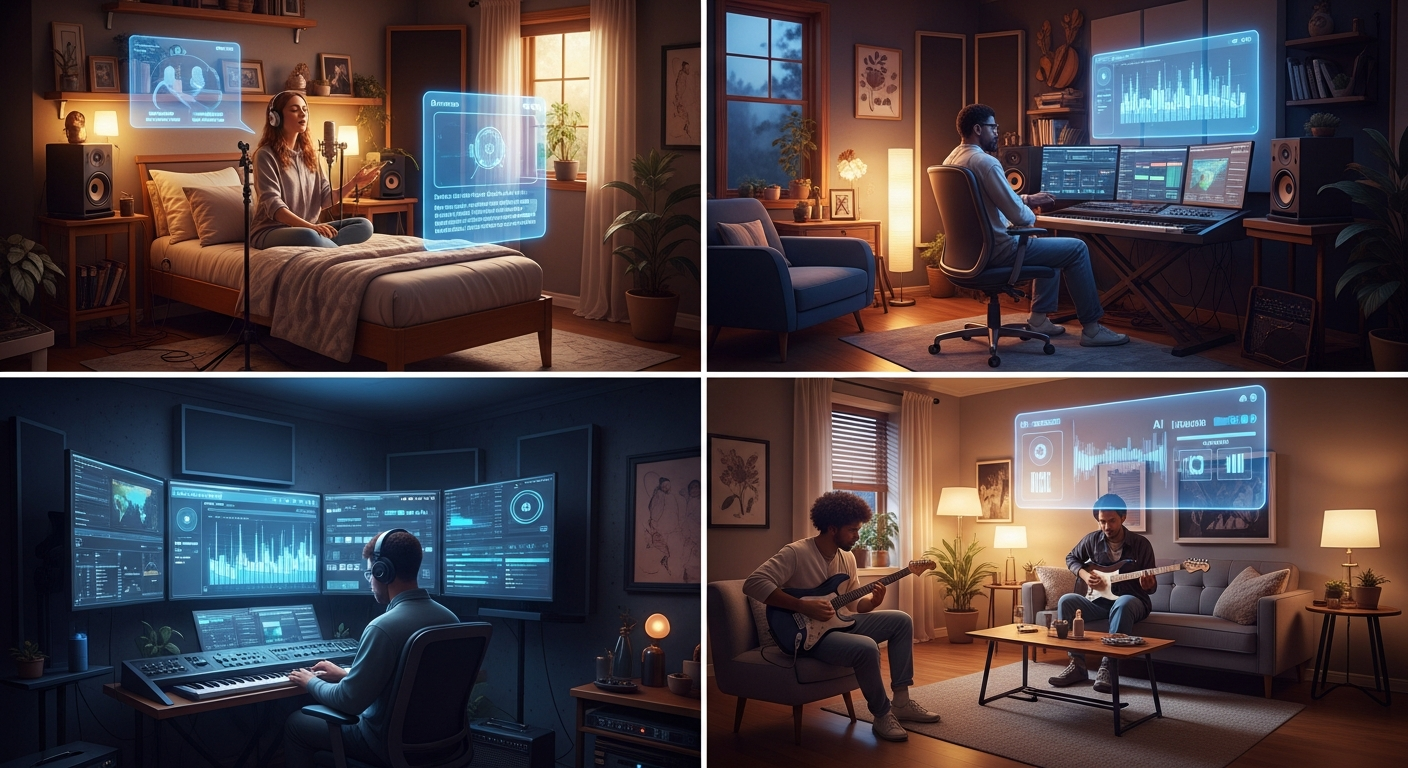 Independent artists using AI music creation tools, symbolizing democratized music production and an accessible creative process.