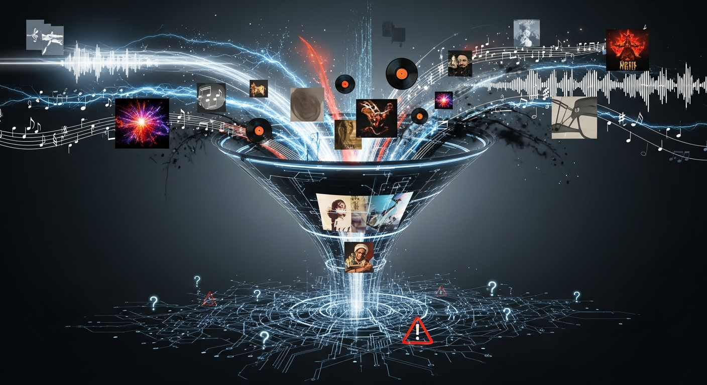 Abstract illustration of AI music data training, showing authorized and unauthorized content streams flowing into a neural network, highlighting AI music legality and ethical concerns.