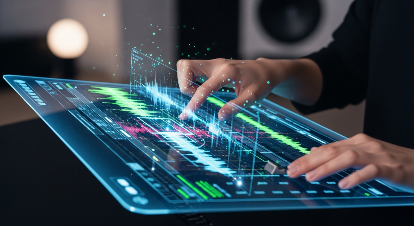 Musician using AI music production software to enhance creative workflow in a digital audio workstation.