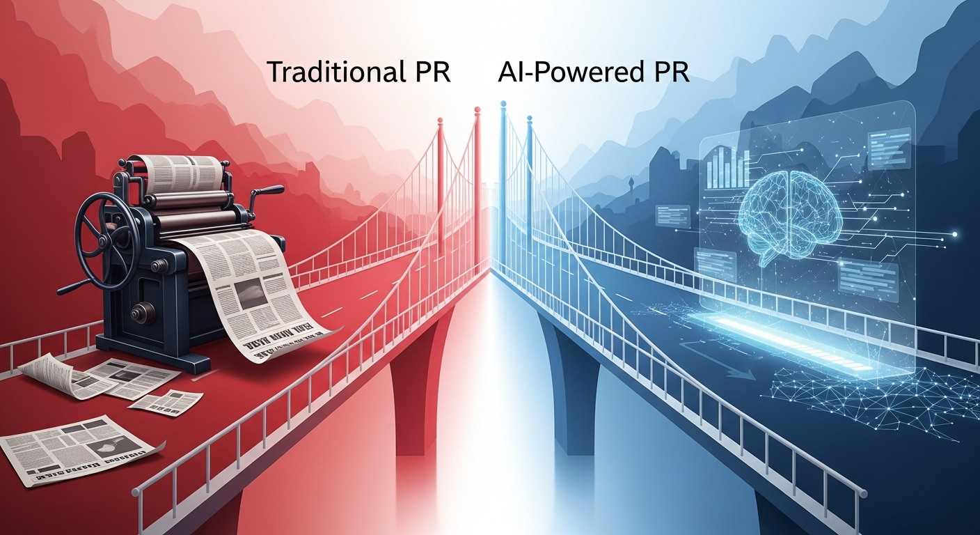 A conceptual image of a bridge connecting traditional PR elements like a printing press with futuristic AI-powered digital interfaces, illustrating the evolution of PR.