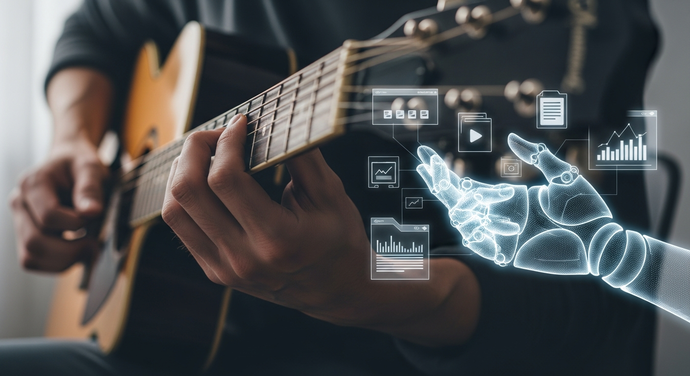 AI super assistant helping an independent musician with workflow automation and creative tasks, illustrating AI for artist promotion and music business efficiency.