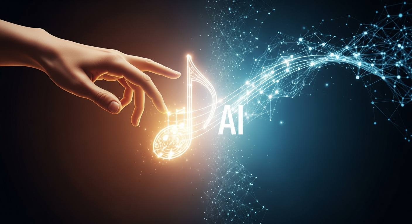 Conceptual image illustrating the ethical considerations of AI music, showing a human hand interacting with a musical note balanced against AI neural networks, emphasizing the human touch in generative AI music.