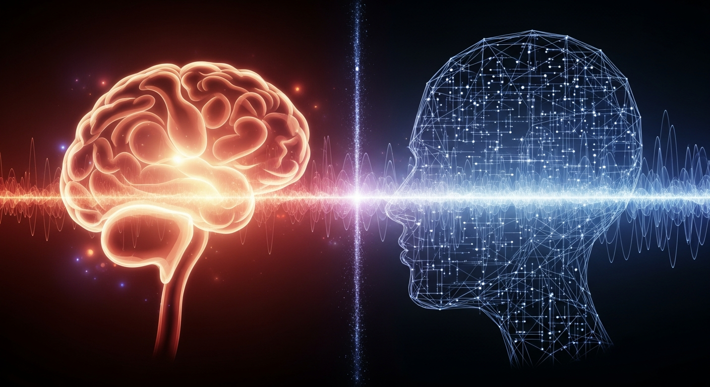 Conceptual art showing human emotion contrasted with AI music production, highlighting the debate on artistic integrity in generative AI music.