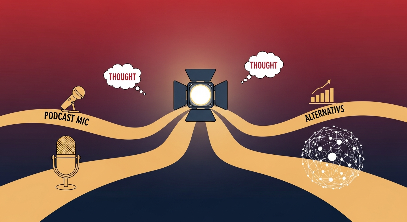 An illustration depicting multiple alternative PR strategies, such as podcasting, thought leadership, and networking, all leading to increased media visibility and attention.