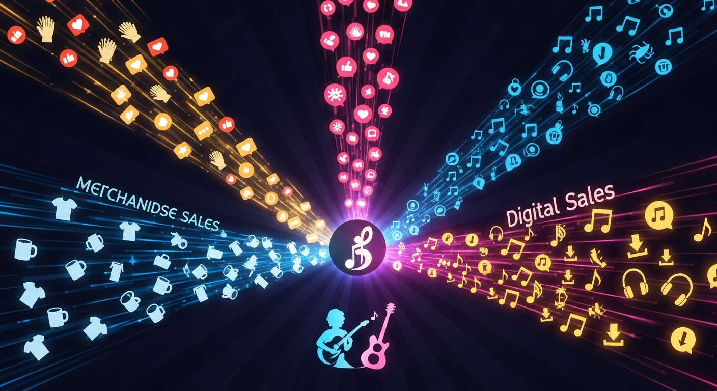 Visual representation of an independent musician's diversified income streams, including selling music merchandise on Amazon and other revenue sources.