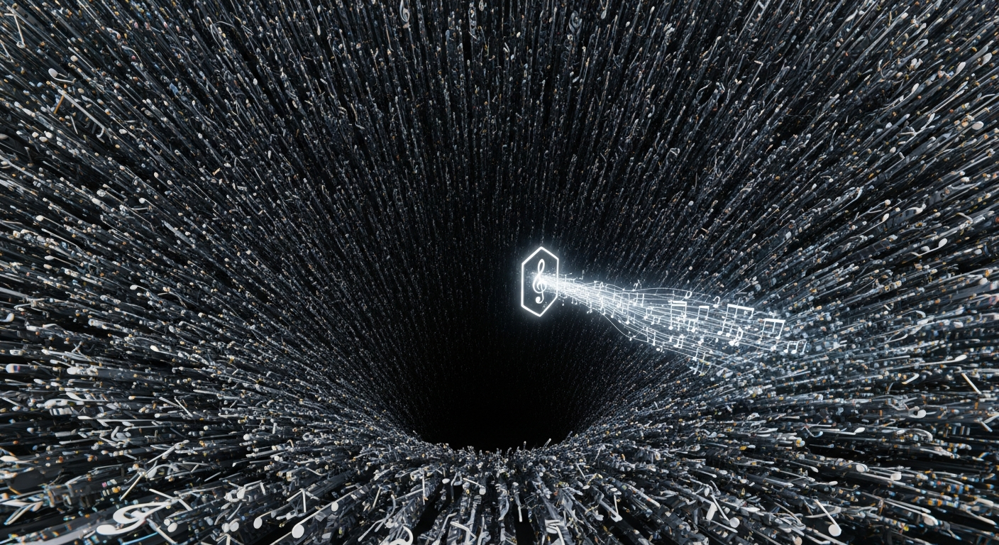 Visual representation of 2 billion fraudulent music streams as a vast, distorted digital cloud, highlighting the scale of the problem on streaming platforms like Apple Music.