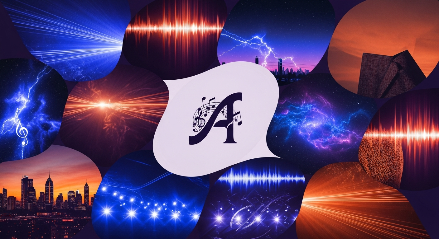 Visual identity elements for a music artist brand, including logo and album art.