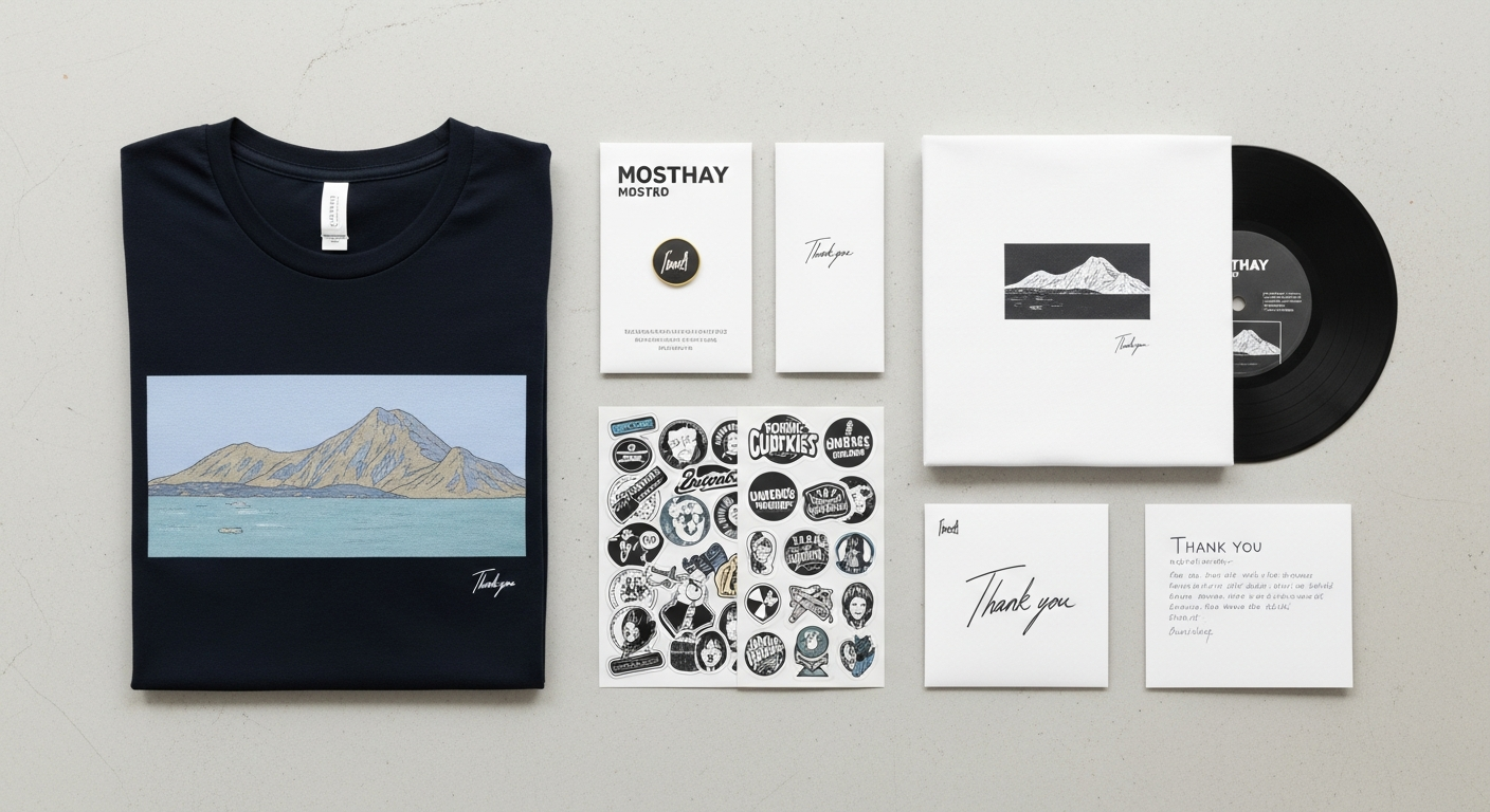 Variety of independent artist merch items bundled together, including a t-shirt, pin, and music album, illustrating musician product bundling strategy.