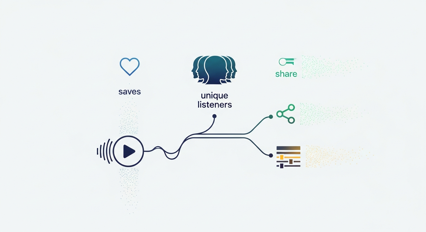 Visual representation of key music performance metrics: streams, unique listeners, saves, shares, and playlist adds for independent artists.