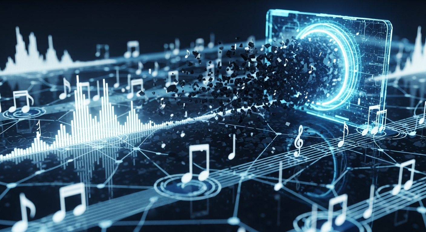 Digital art showing a firewall protecting legitimate music streams from fraudulent artificial streaming data, representing Spotify streaming penalties and the importance of genuine listener engagement.