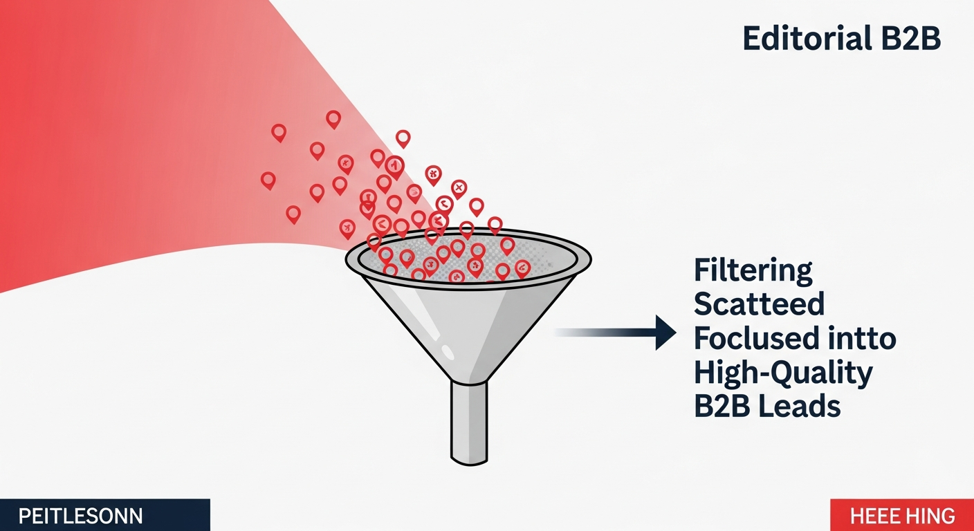 Illustration showing a digital funnel filtering through general online noise to capture qualified B2B leads and tangible outcomes.