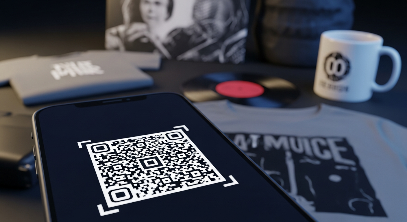 QR code for music merch promotion during a live stream, linking to independent artist merchandise.