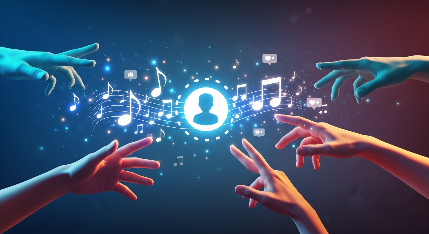 Digital depiction of fan engagement strategies, showing online music promotion and community building for independent artists.