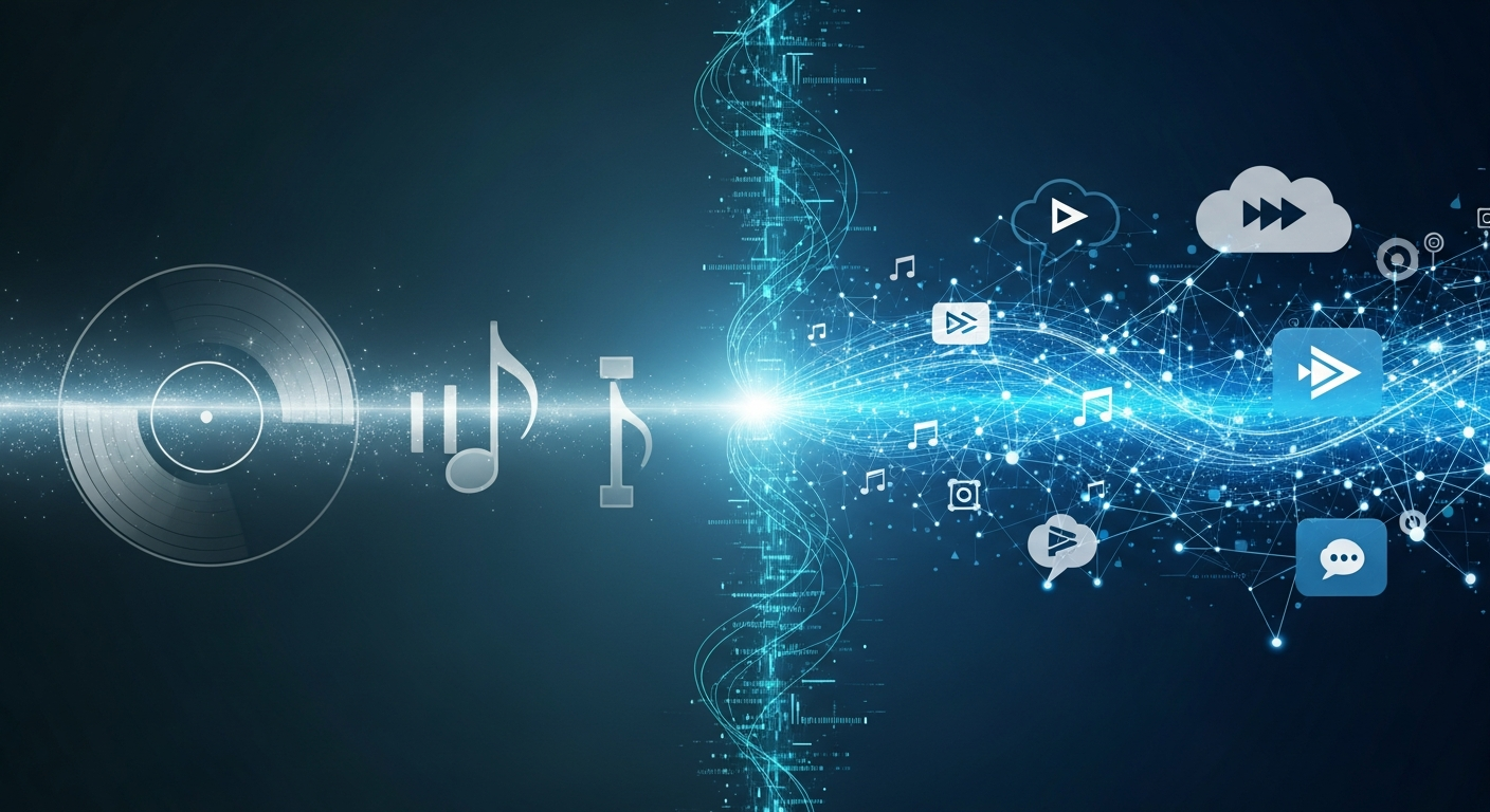 Digital transformation in the music industry, illustrating the dominance of streaming platforms and music distribution.