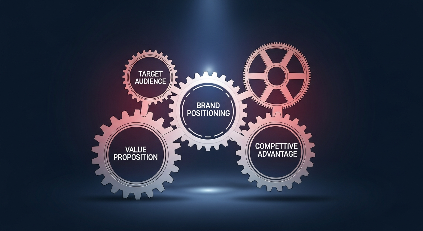 Illustration of interlocking gears representing the strategic components of brand positioning, including target audience, value proposition, and competitive advantage.