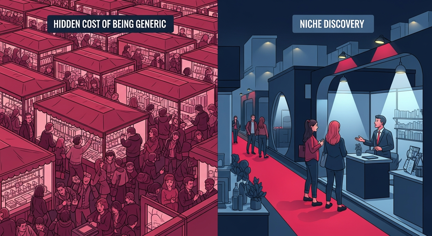 Contrast between a generic, crowded market and a focused, clear unique market niche, illustrating the benefits of specialized brand positioning.