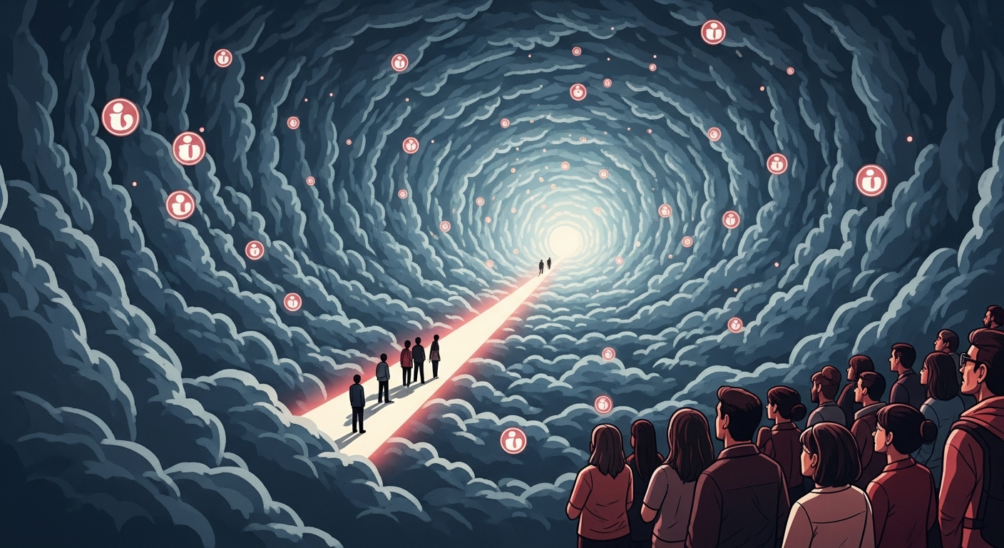 Illustration showing a clear path of credibility emerging from a chaotic digital information overload, symbolizing trust in the digital age.