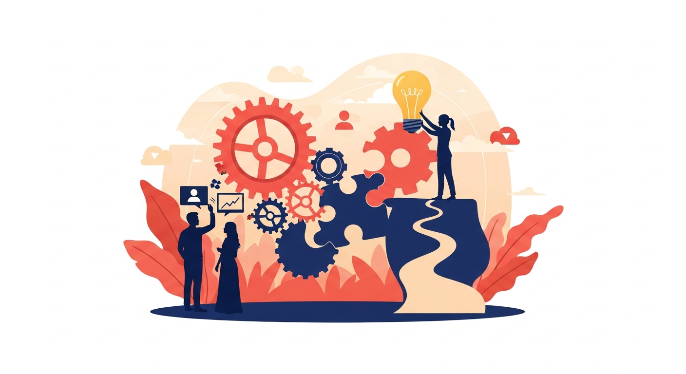 Conceptual illustration of a founder's journey, showing interconnected elements of problem-solving, innovation, and personal connection forming a cohesive story.