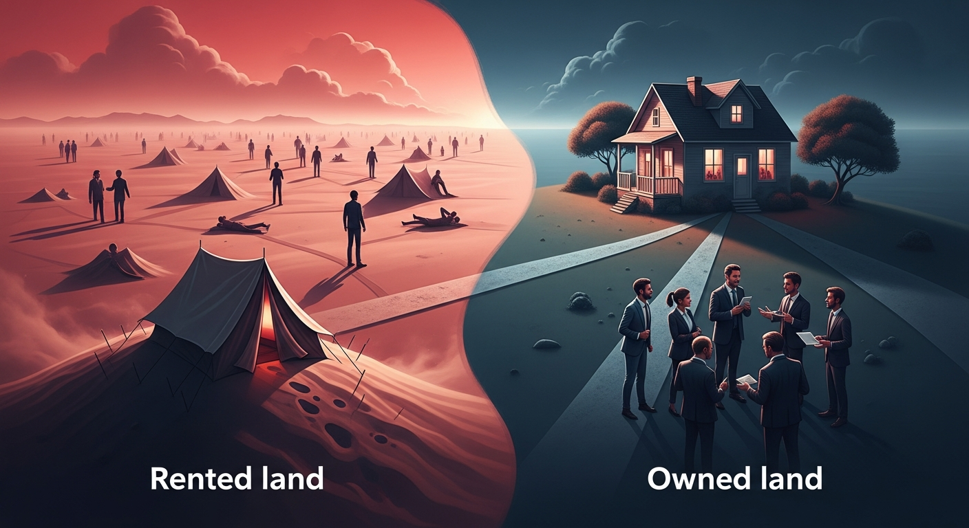 A visual metaphor illustrating the difference between building an audience on 'rented land' (social media) versus 'owned land' (direct channels) for sustainable relationships.
