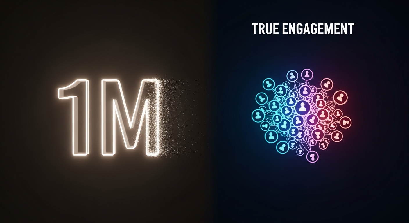 Visual metaphor contrasting large, superficial follower counts with a smaller, deeply engaged music fan community, highlighting quality over quantity.