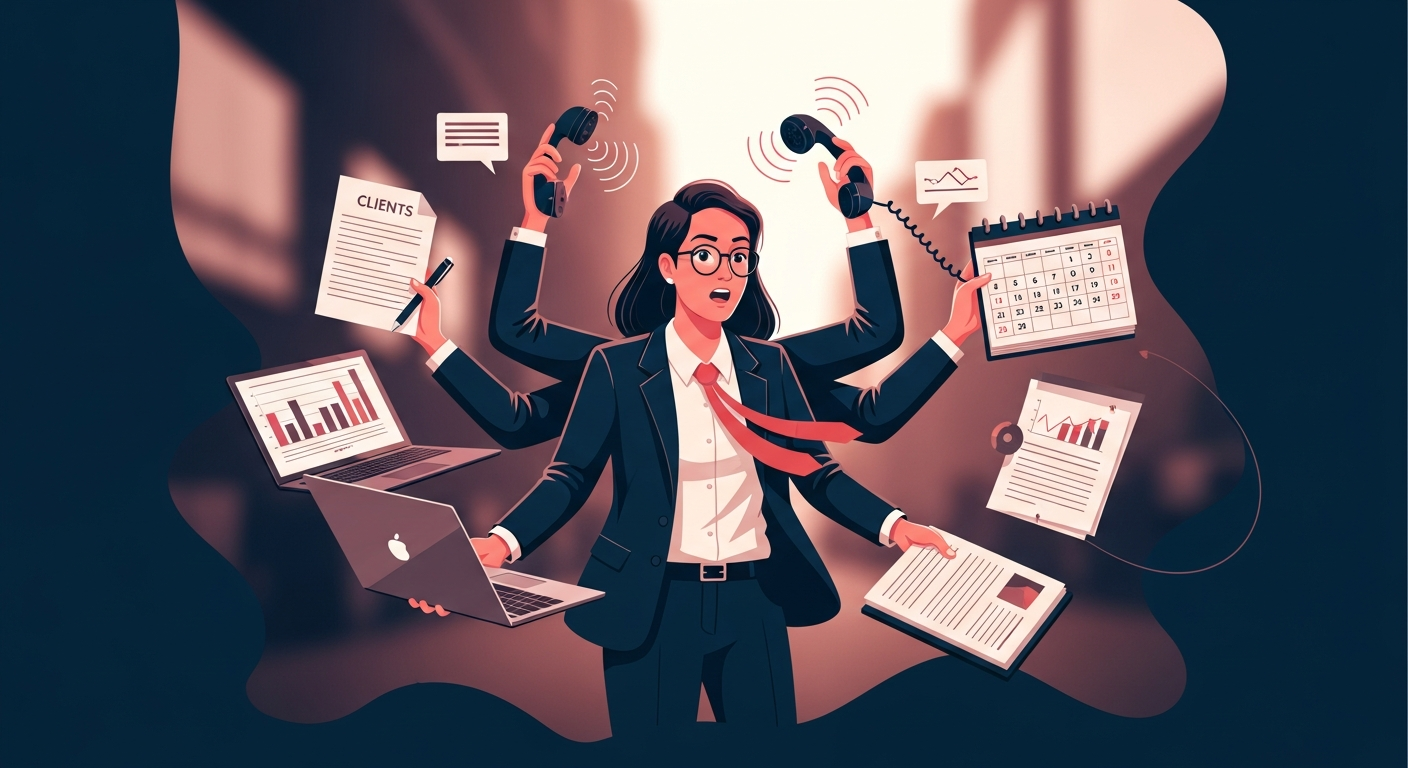 A busy professional juggling multiple tasks, representing the challenges of time management while trying to build an expert reputation.