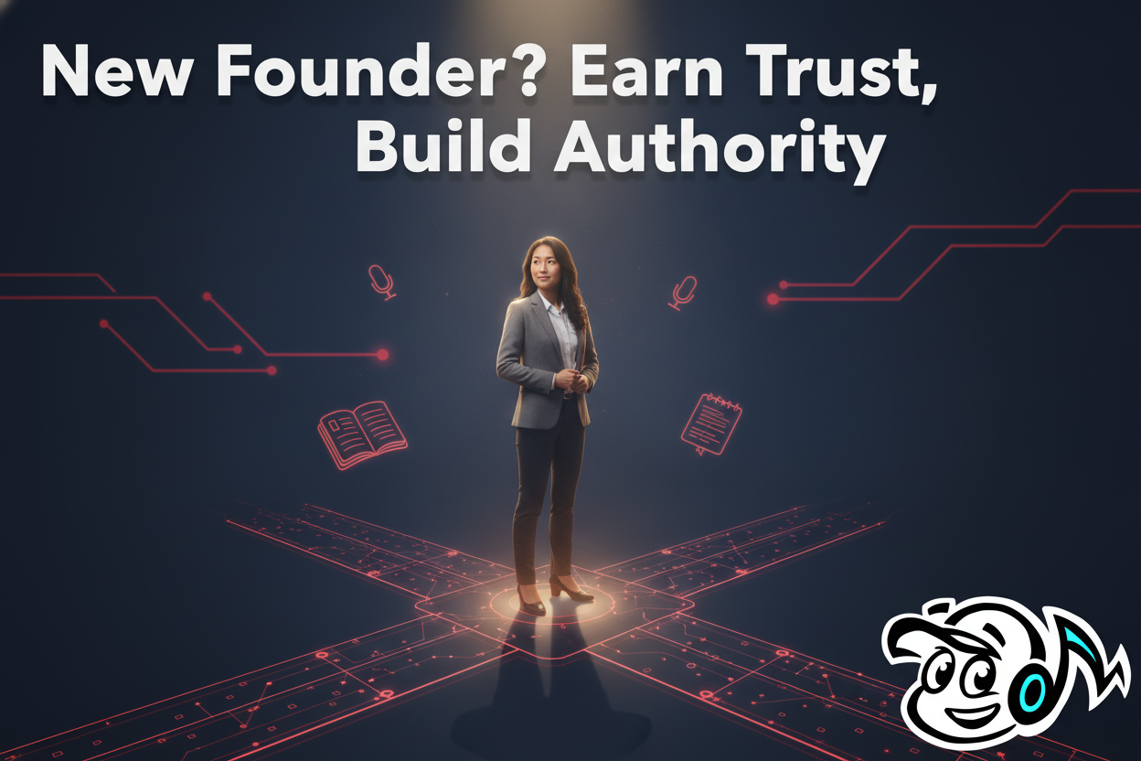 A new founder building credibility, standing confidently at the start of their journey, symbolizing trust and authority in the startup world.