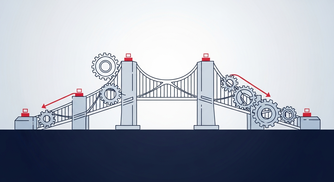 Interlocking gears and building blocks forming a sturdy foundation, illustrating the step-by-step process of establishing founder credibility.