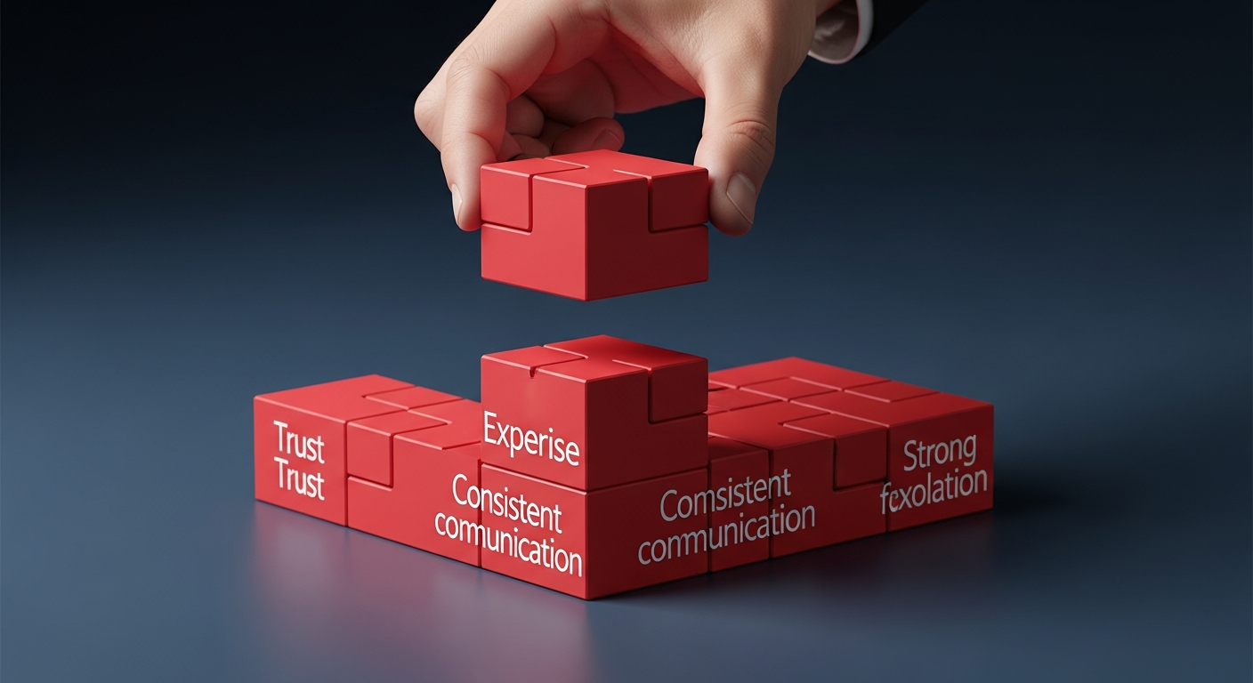 Building a strong foundation of credibility with interlocking blocks, illustrating the non-negotiable importance of trust for new founders.