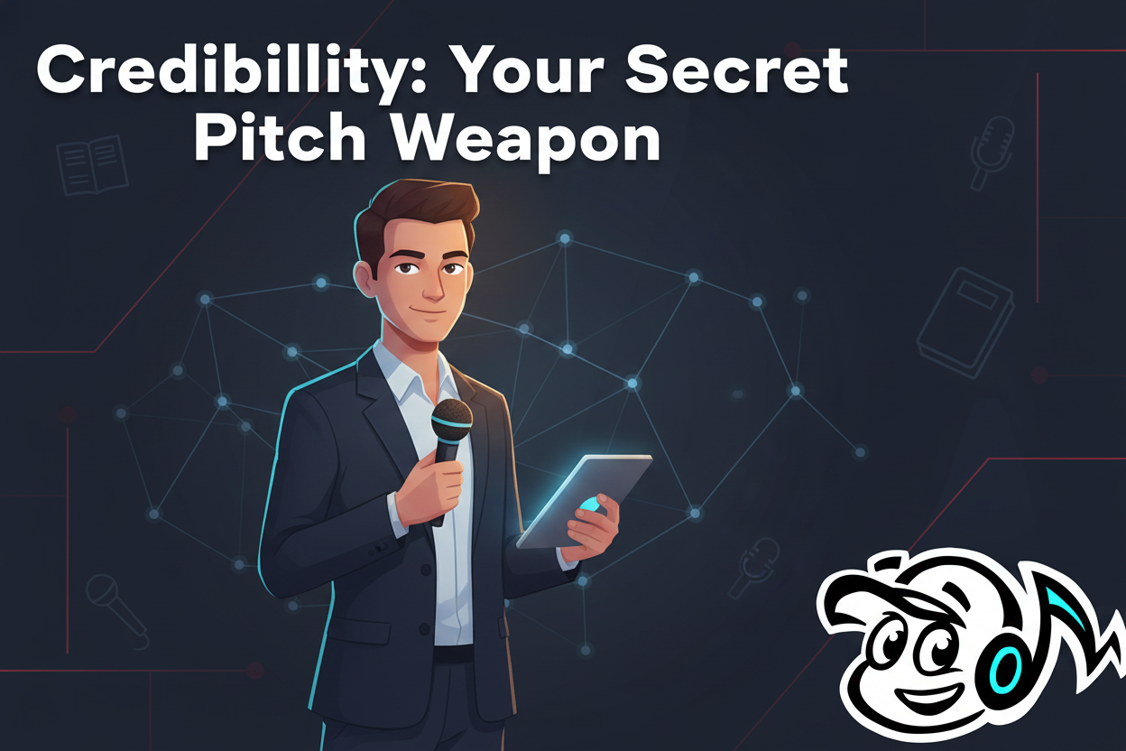 Founder confidently presenting, surrounded by a network of connections, symbolizing strong credibility before a pitch.