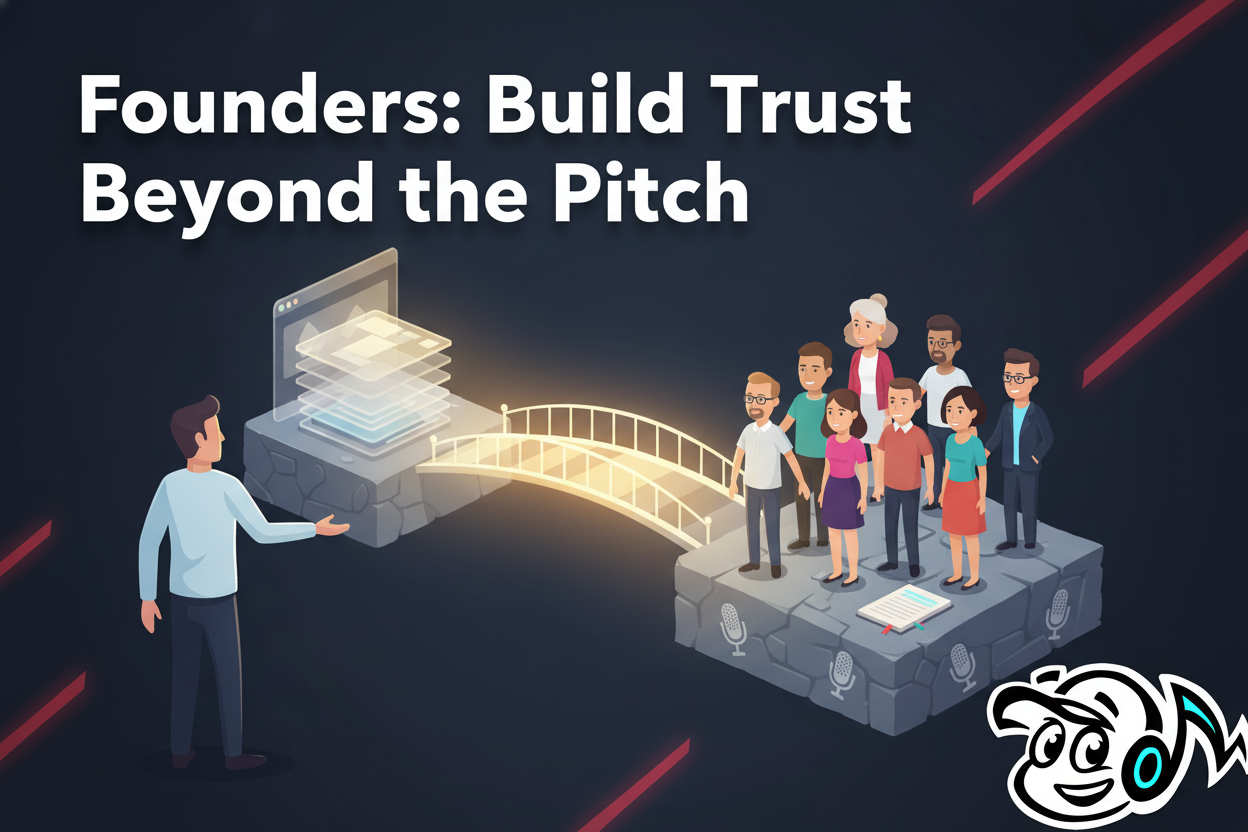 Founder building trust and credibility with stakeholders beyond a pitch deck, symbolizing authentic communication.