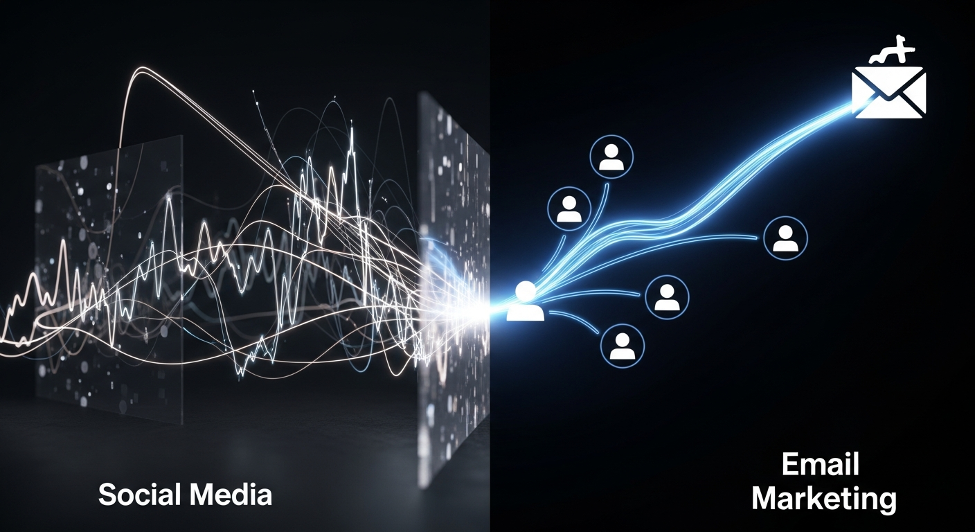 Visual comparison of unpredictable social media algorithms versus direct, reliable email marketing for musicians and fan engagement.