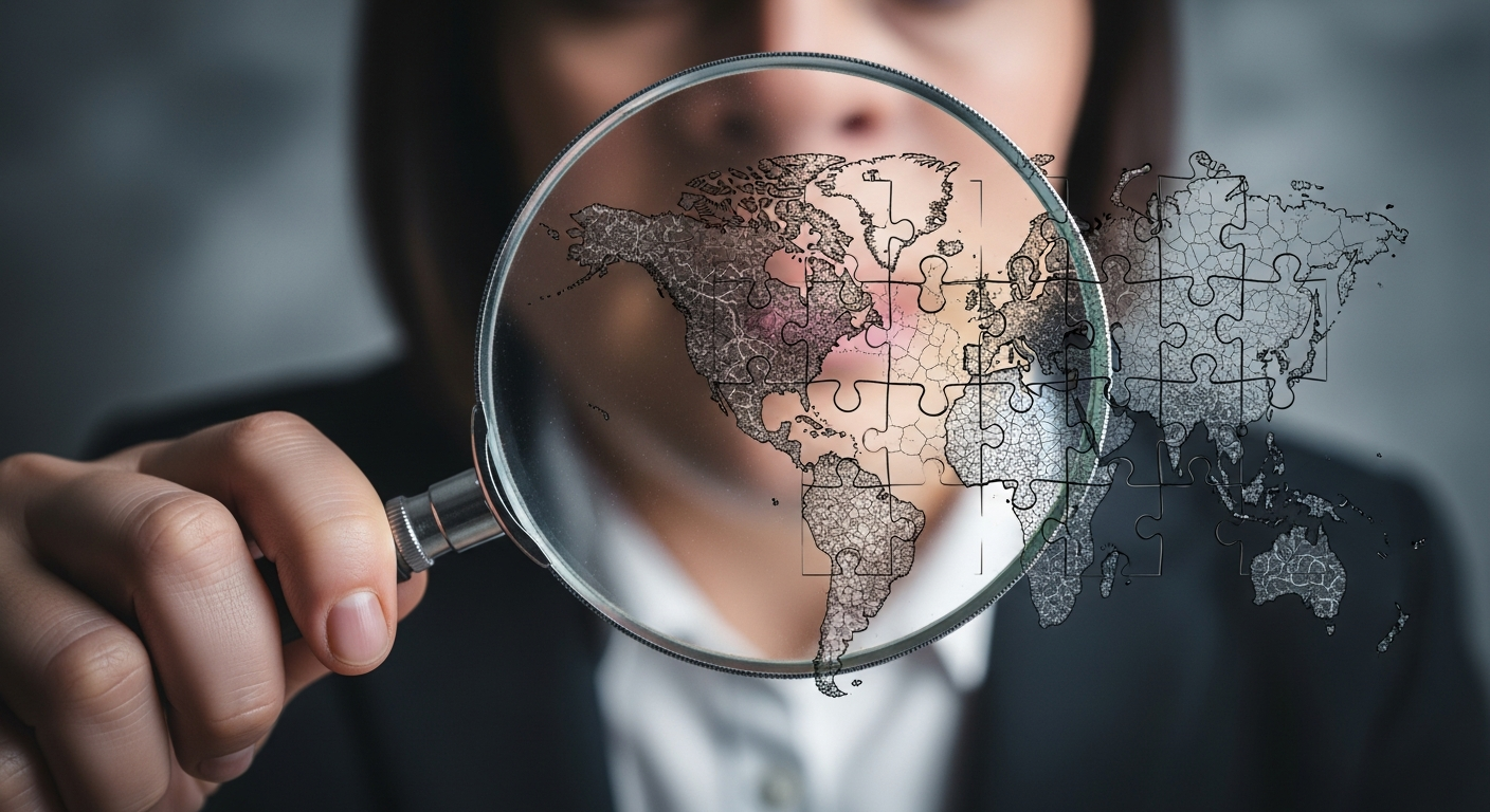 A consultant defining their niche and unique value proposition with a magnifying glass over a strategic map.