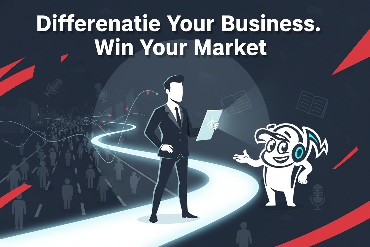 Illustration of a business professional confidently standing on a unique, well-lit path, symbolizing strategic business positioning and market differentiation from competitors.