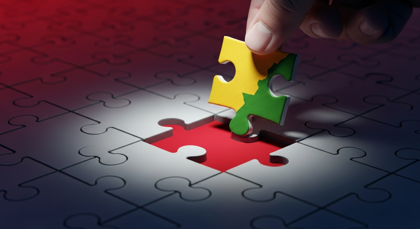 Conceptual illustration of a unique puzzle piece fitting perfectly into a complex market landscape, symbolizing a business defining its distinct place and strategic differentiation.