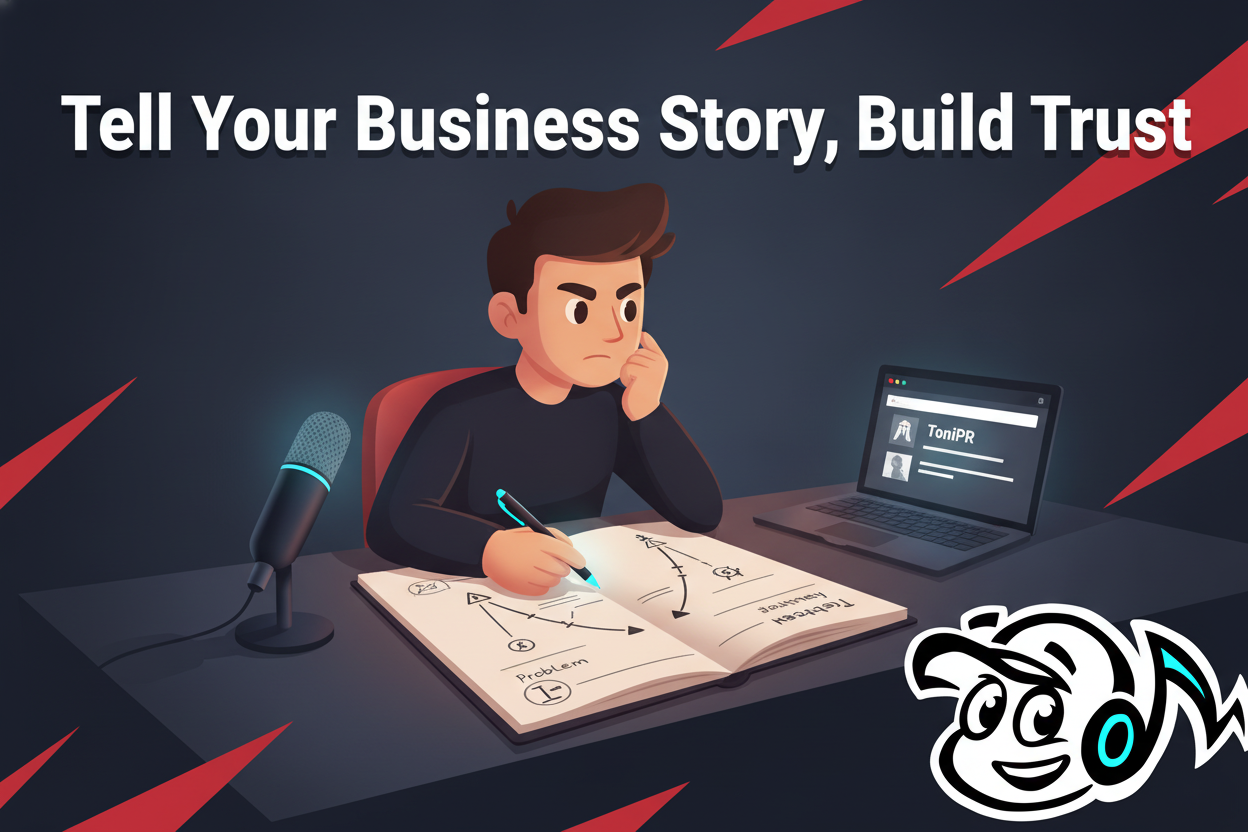 A founder crafting a business narrative, outlining a storytelling framework on a notepad with a laptop and PR branding elements.