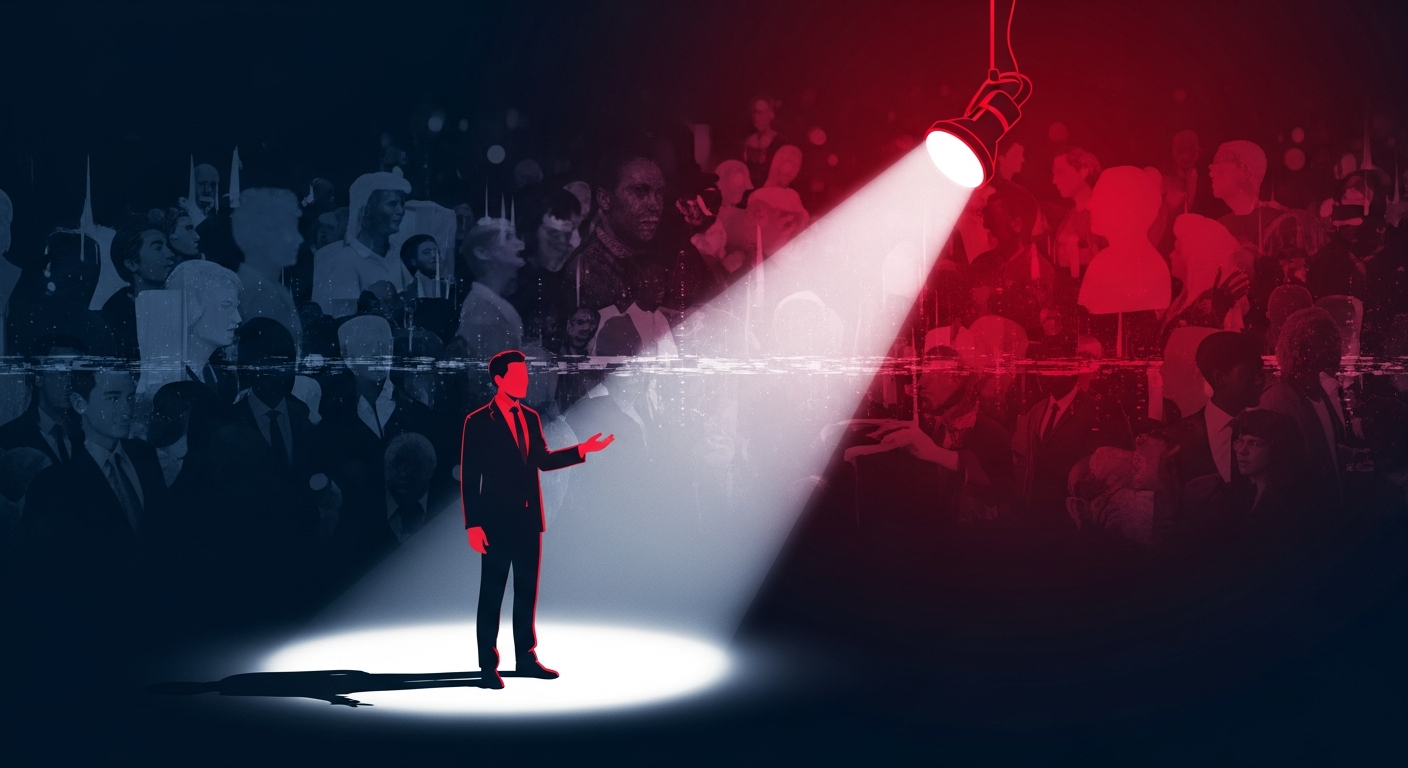 A clear spotlight on a speaker, symbolizing a compelling business story cutting through digital noise and information overload.