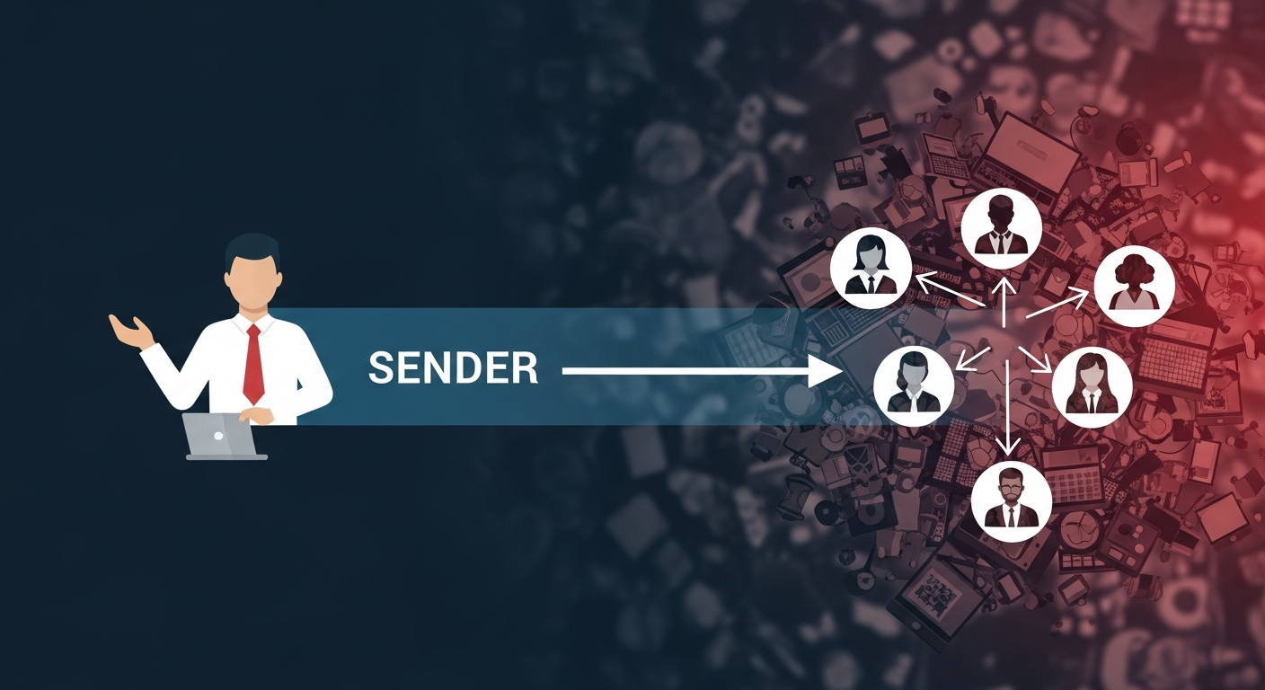Illustration showing a direct, clear communication channel bypassing digital noise to connect a business with multiple B2B clients, symbolizing effective newsletter strategy.