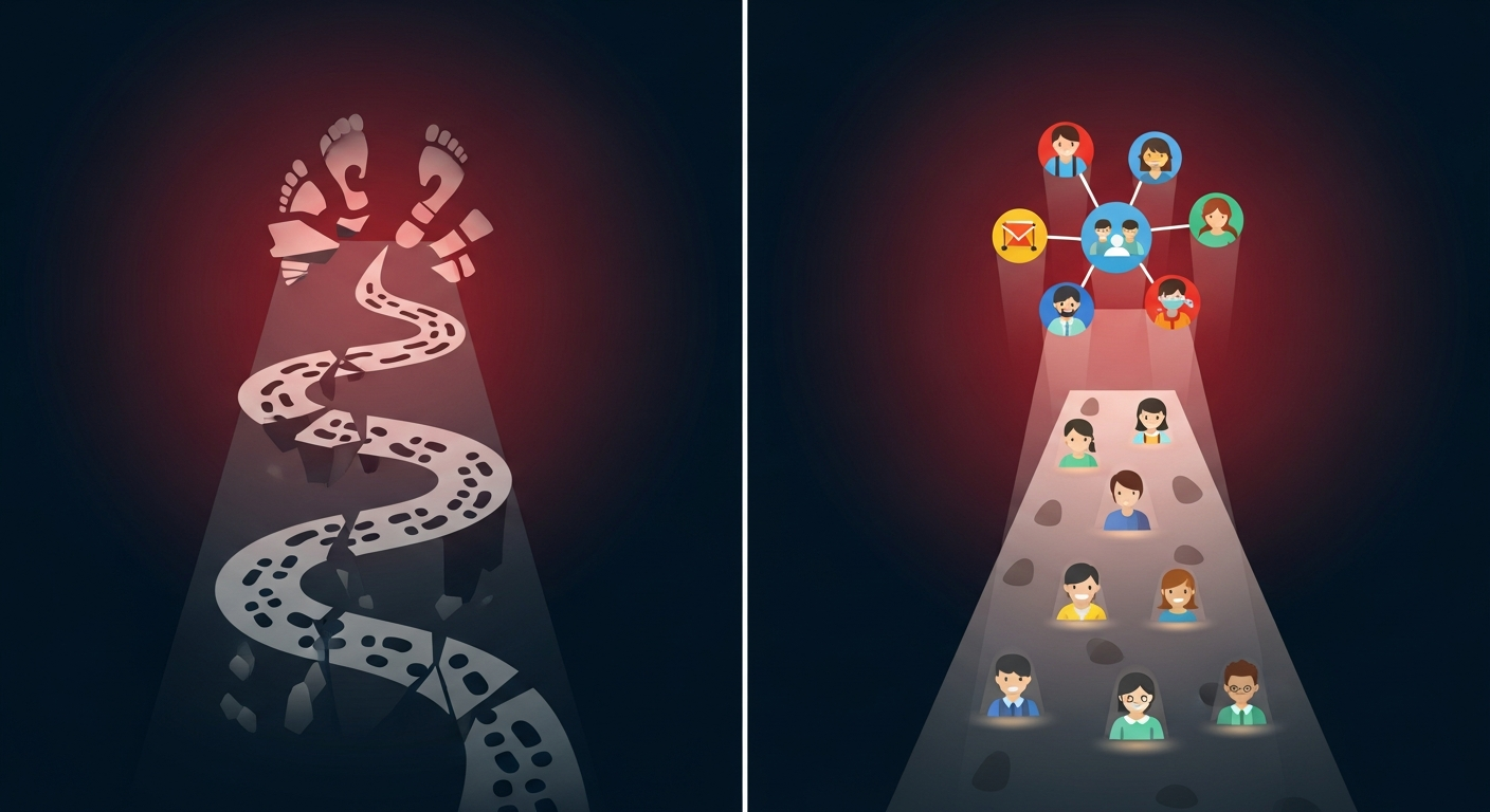 Illustration comparing a fragmented path (sporadic content) to a clear, continuous path leading to a connected community (consistent audience growth).
