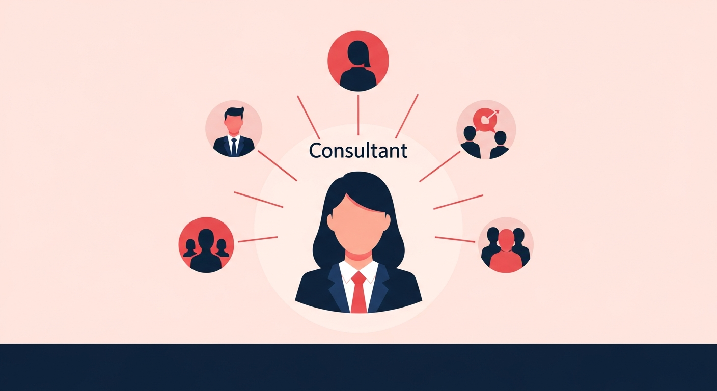 Illustration showing a consultant's expertise radiating outwards, building trust and credibility through consistent content.