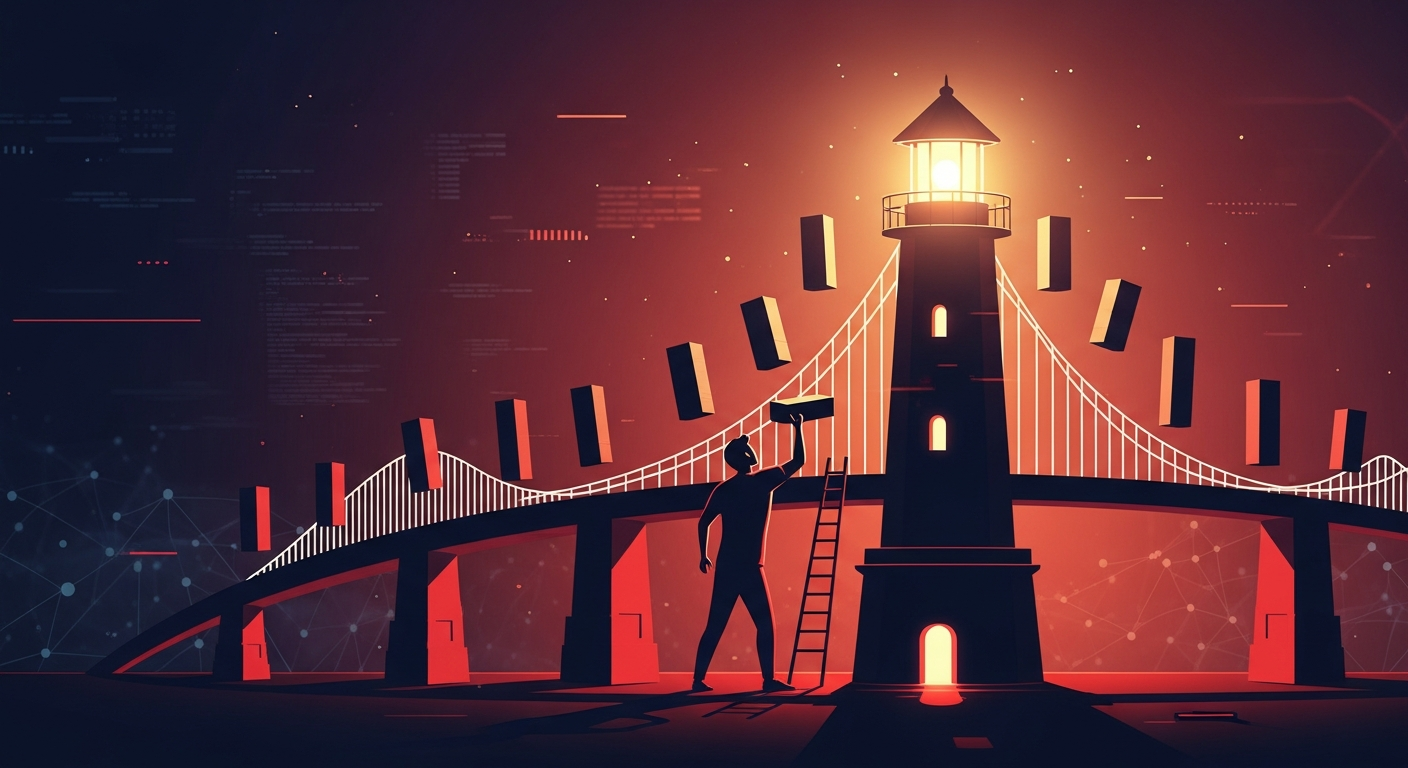 An illustration of an entrepreneur steadily building a strong, glowing structure of content, symbolizing consistent credibility and visibility.