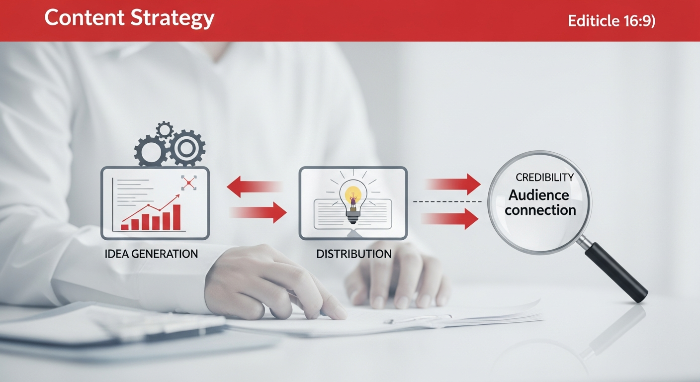An illustration showing a streamlined content strategy pipeline with gears and arrows, symbolizing efficient content creation and distribution for building credibility.