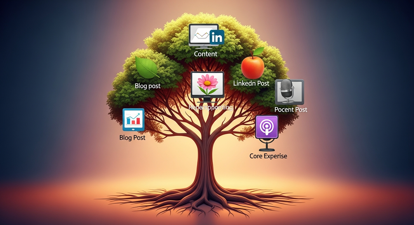 An illustration of a tree symbolizing content repurposing, with branches representing different content formats like blog posts, social media, and podcasts.