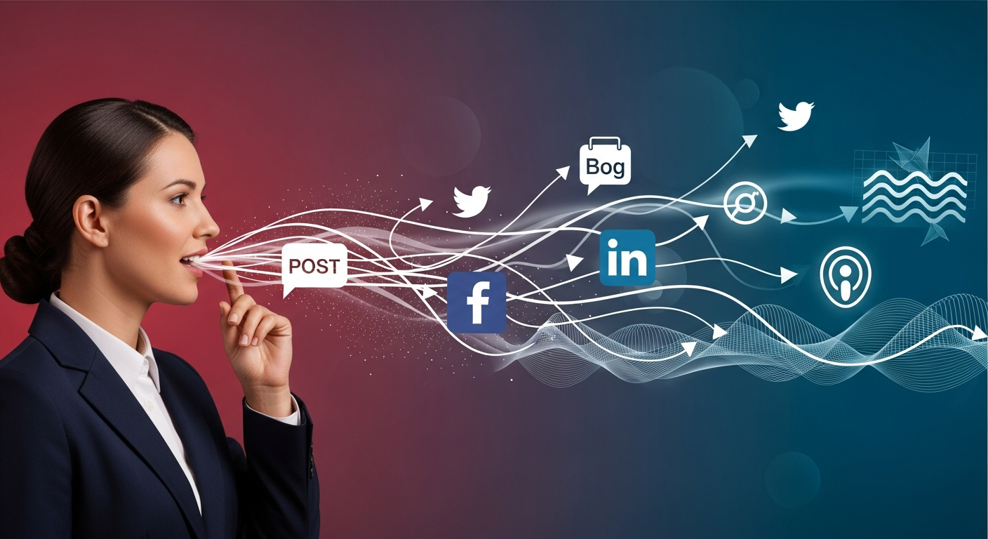 Consultant speaking, with their words visually converting into various digital content formats like blog articles and social media posts.