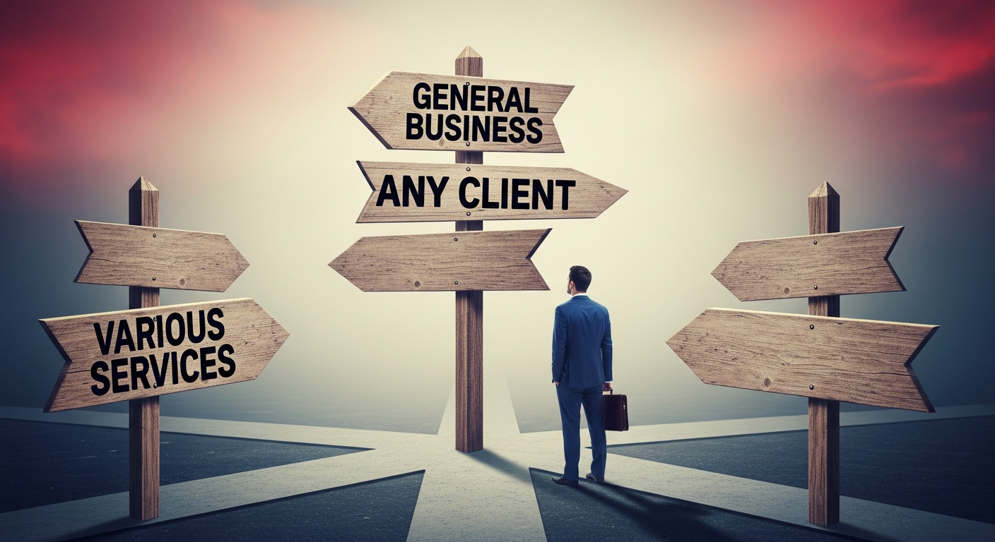 A consultant at a confusing crossroads with vague signs, representing an undefined niche and value proposition.