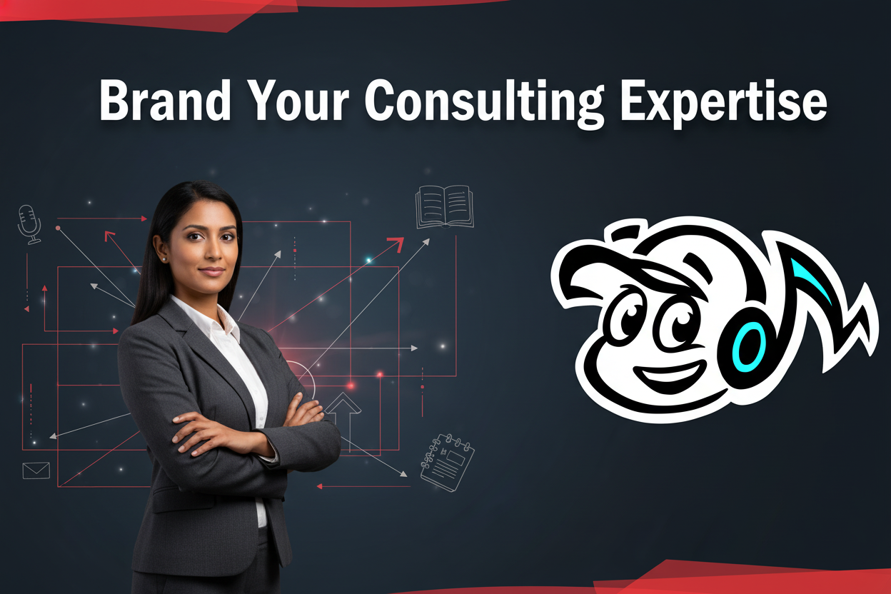 A consultant strategically building their personal brand, surrounded by digital connections and thought leadership concepts.
