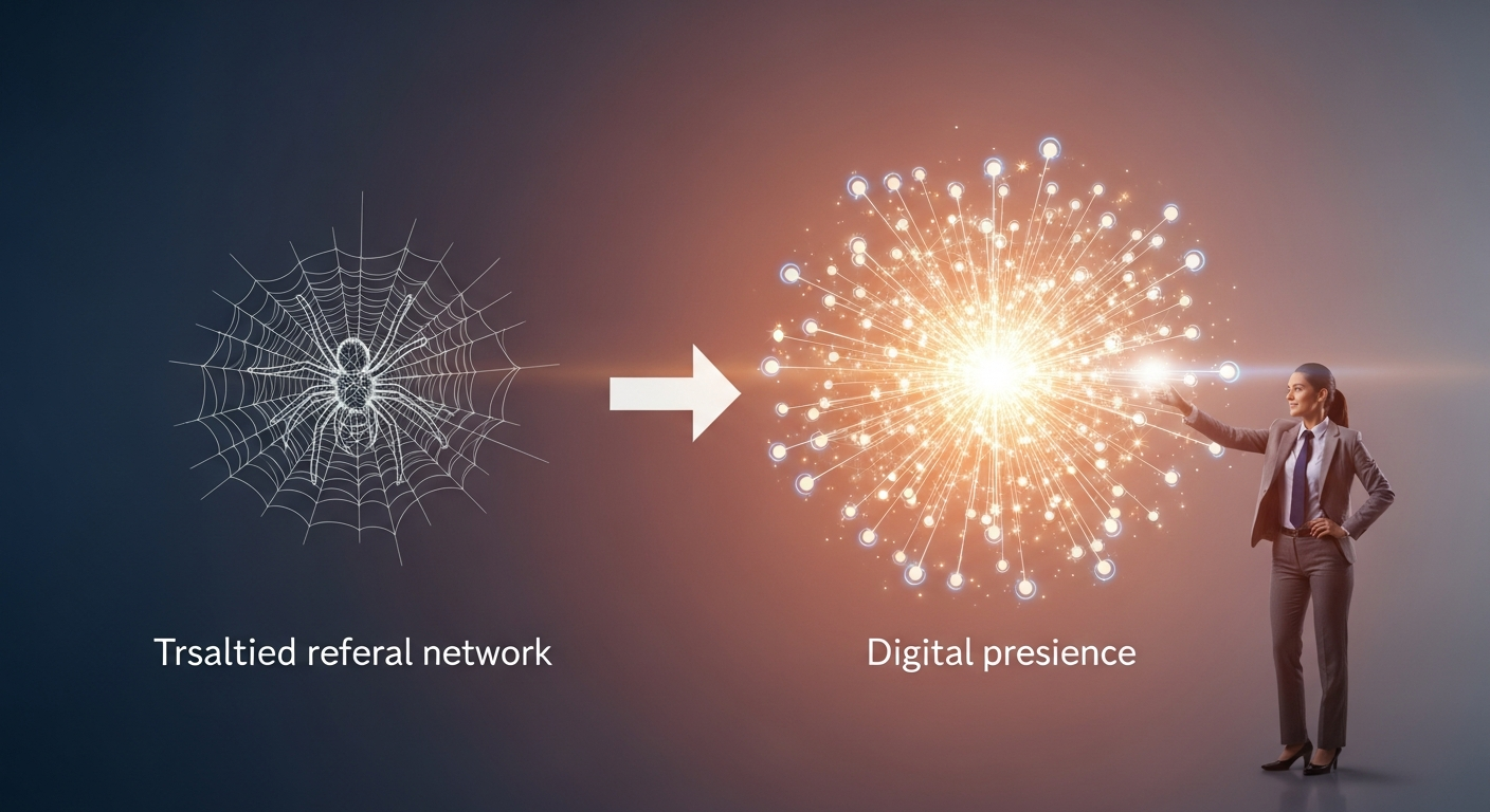 Illustration of a consultant transitioning from traditional referral networks to a proactive, visible digital presence in an evolving market.