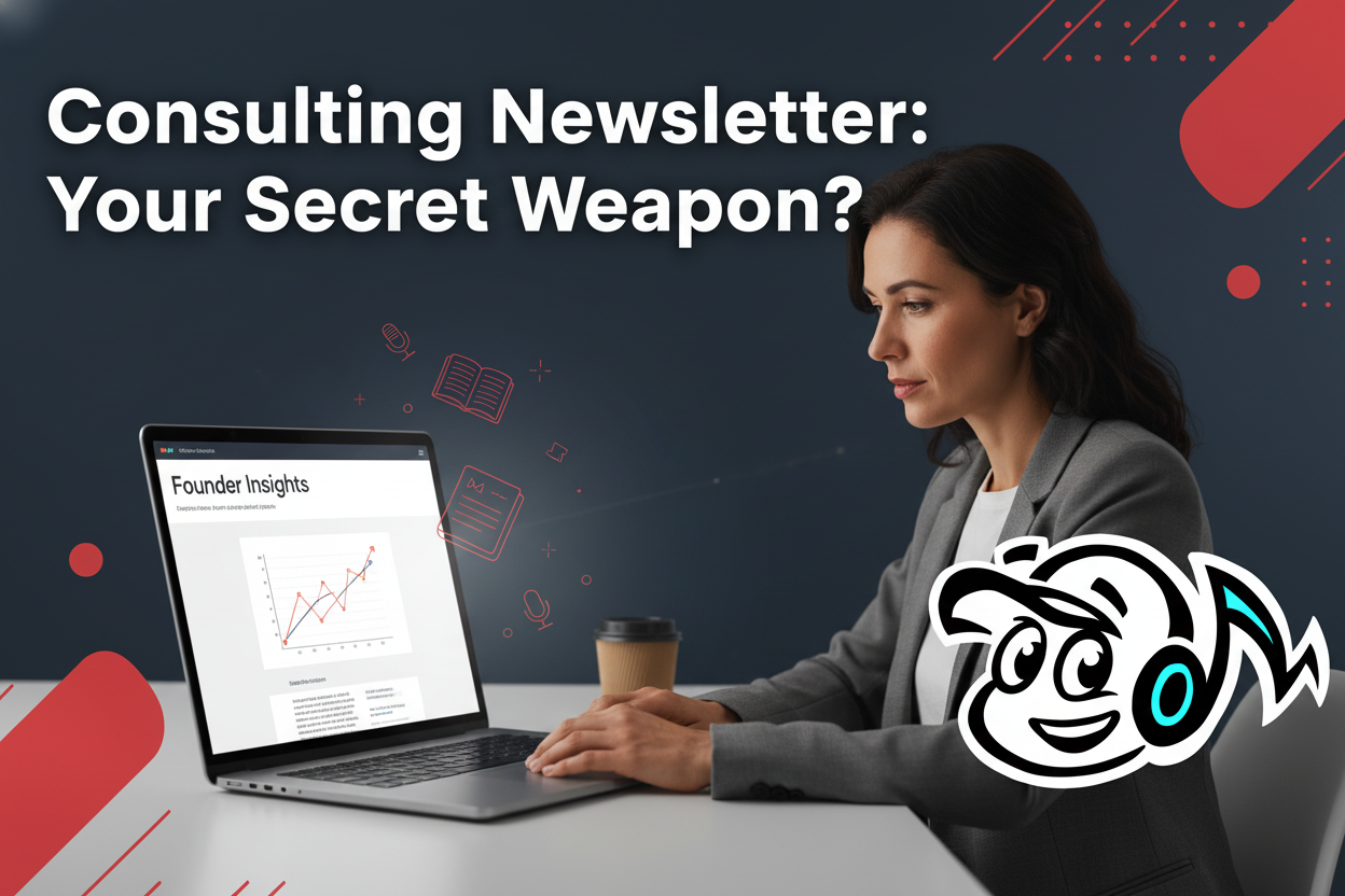 A consultant working on a laptop, designing an email newsletter for their business, symbolizing strategic communication and authority building.