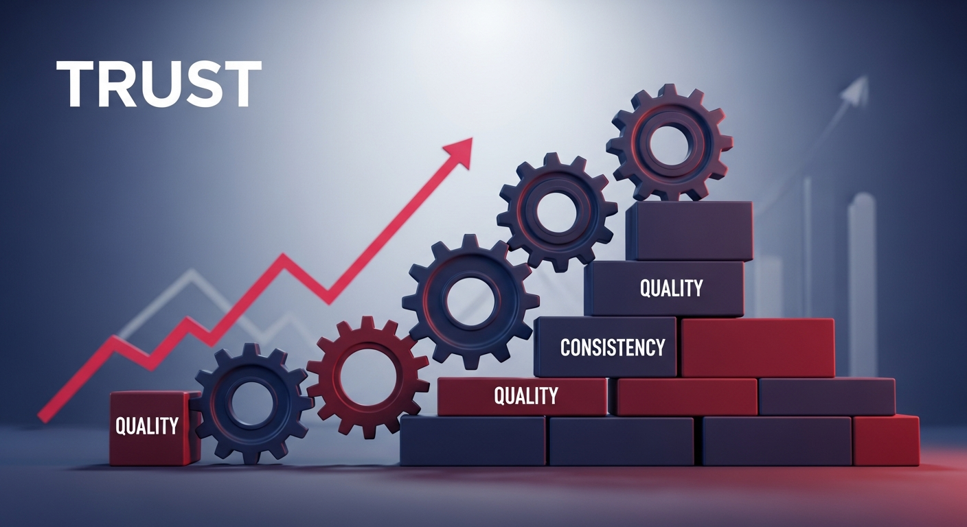 Conceptual image showing interlocking gears of content quality and consistency building a strong foundation of trust and credibility over time.